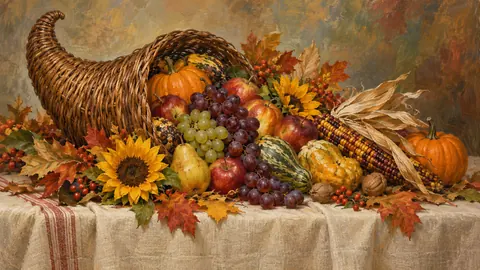 Thanksgiving harvest cornucopia on linen – traditional oil painting Frame TV art