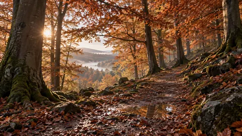 Wet woodland path among copper beeches – fine-art natural photography Frame TV art