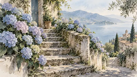 Hydrangeas spilling over weathered garden steps – minimal ink and wash Frame TV art