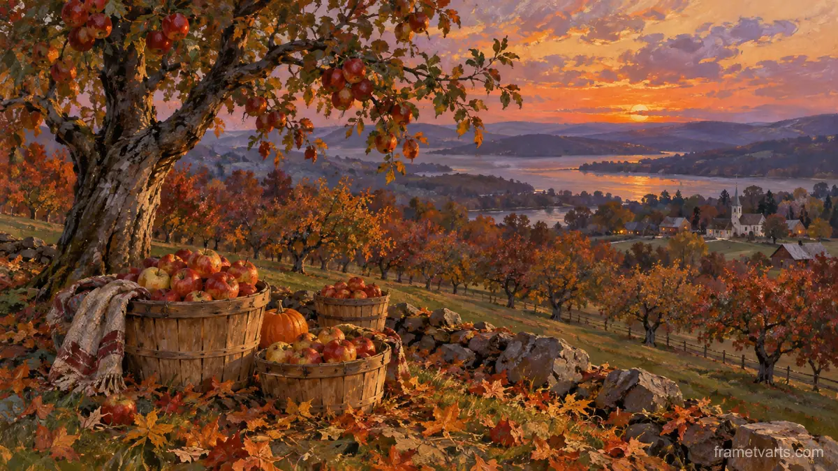 Thanksgiving orchard baskets and fallen leaves – traditional oil painting Samsung Frame TV art, 4K