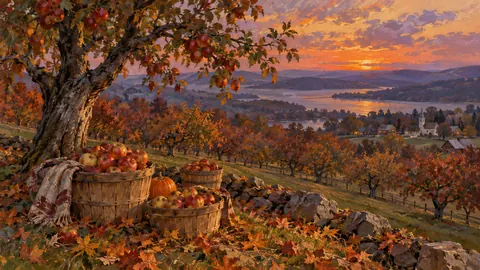 Thanksgiving orchard baskets and fallen leaves – traditional oil painting Frame TV art