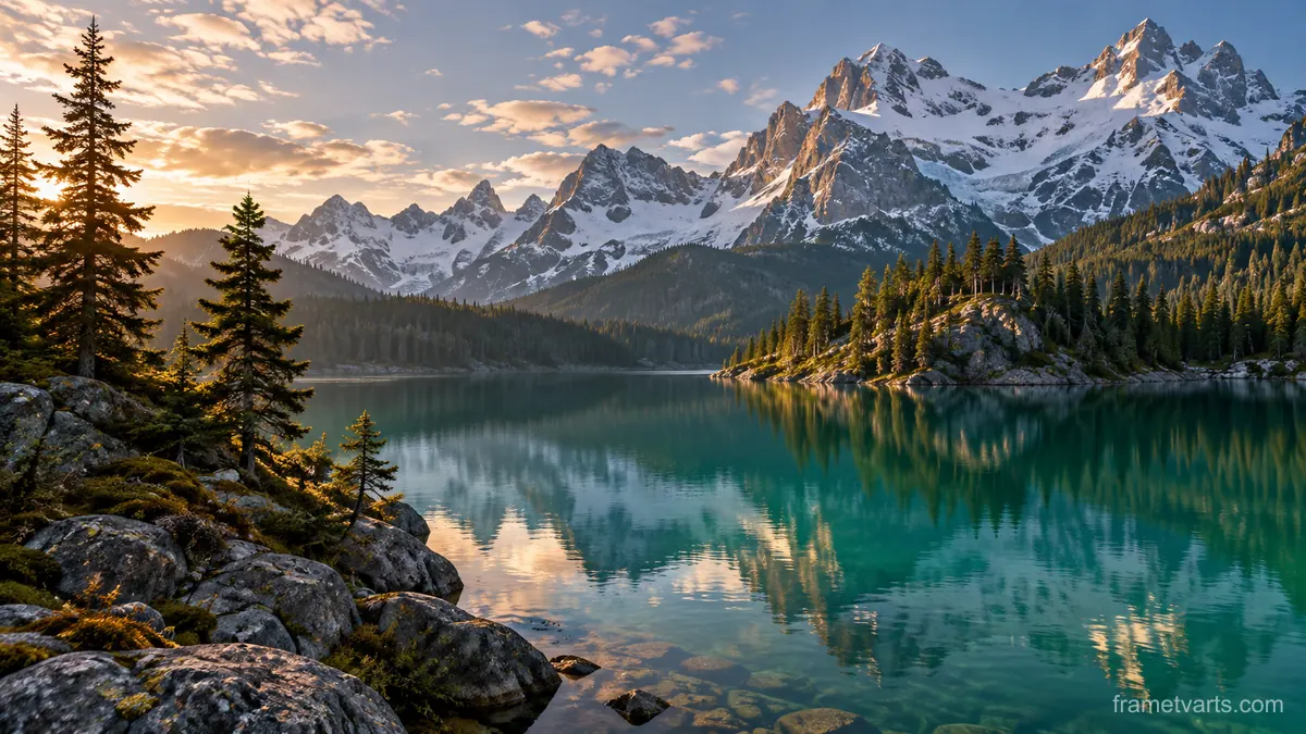 Emerald lake below snow peaks – fine-art natural photography Samsung Frame TV art, 4K