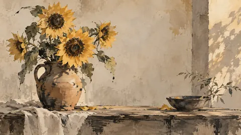 Golden sunflowers in an earthenware jug – minimal ink and wash Frame TV art