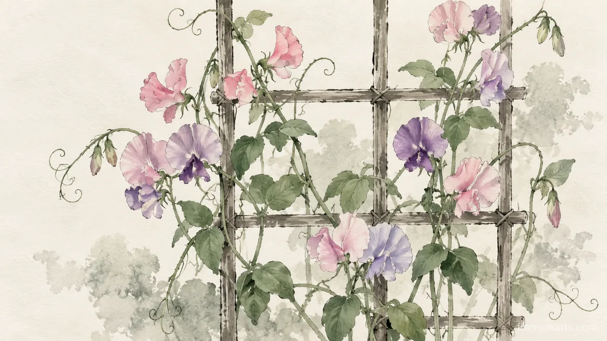 Delicate sweet peas climbing a trellis – minimal ink and wash Samsung Frame TV art, 4K