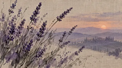 Lavender stems on textured linen – minimal ink and wash Frame TV art