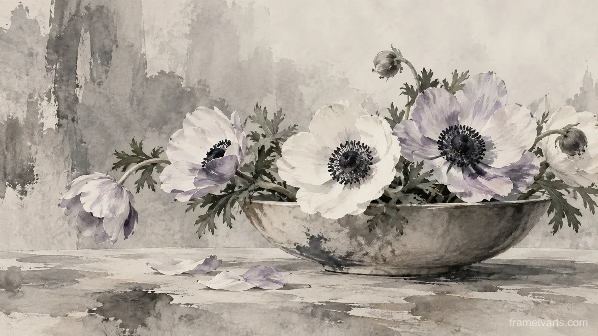 Anemones arranged in a shallow bowl – minimal ink and wash Samsung Frame TV art, 4K