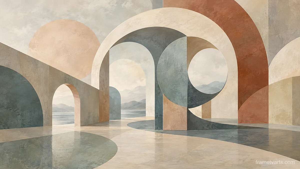 Interlocking offset arches and circles – muted pastel organic abstraction Samsung Frame TV art, 4K