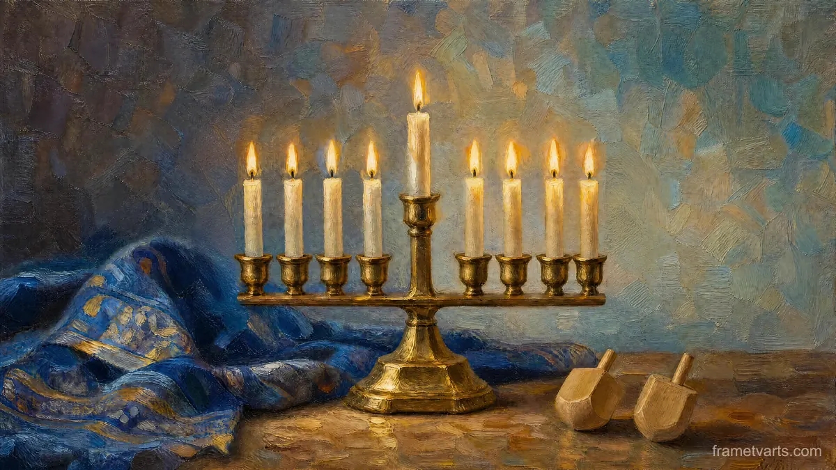 Hanukkah nine-branched hanukkiah with eight candle positions plus a distinct shamash – traditional oil painting Samsung Frame TV art, 4K