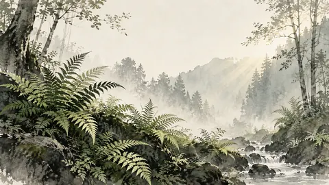 Fern fronds in a shaded woodland hollow – minimal ink and wash Frame TV art