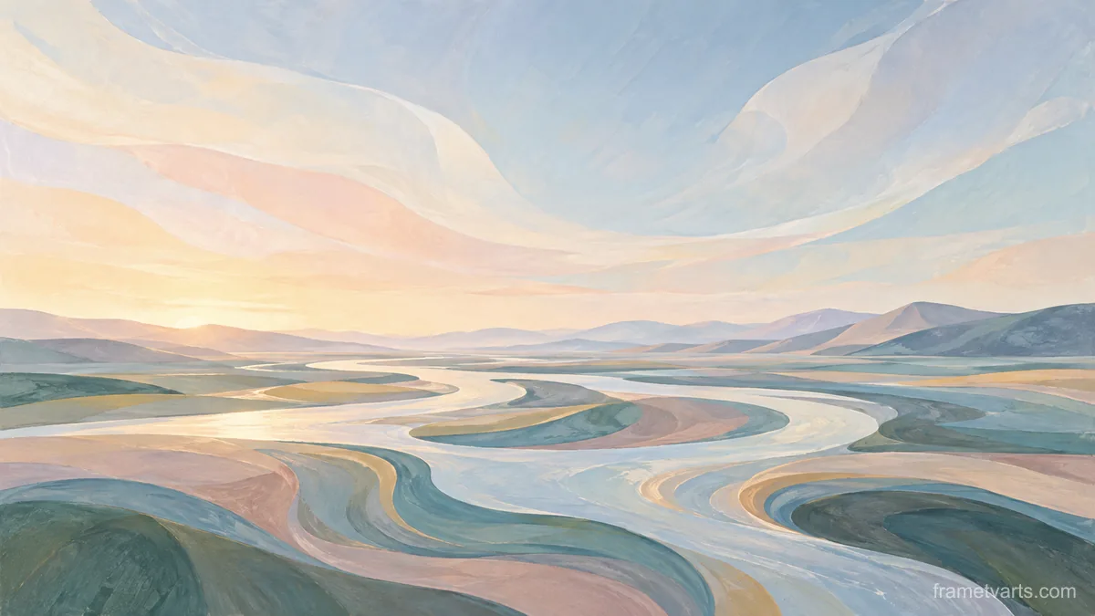 Flowing riverlike bands across open space – muted pastel organic abstraction Samsung Frame TV art, 4K