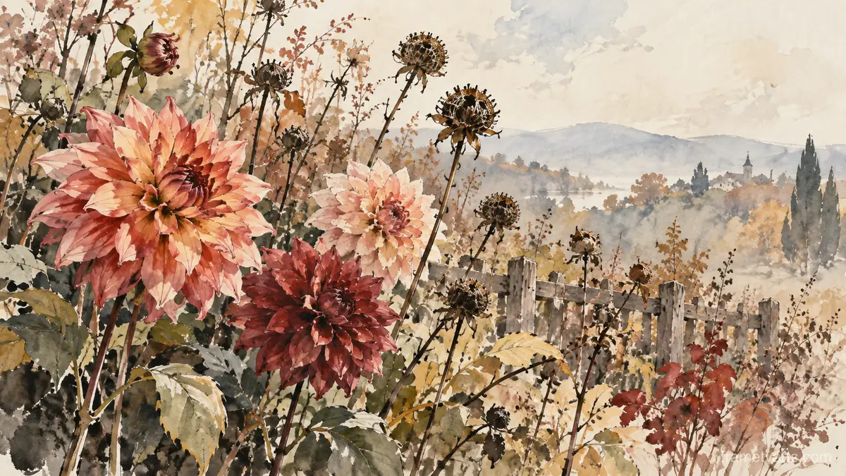 Dahlias and seed heads in autumn garden – minimal ink and wash Samsung Frame TV art, 4K