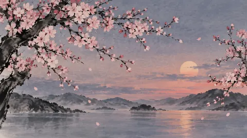 Cherry blossom branches across an open sky – minimal ink and wash Frame TV art