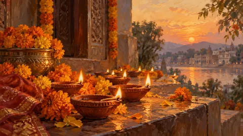 Diwali clay diyas surrounded by marigolds – traditional oil painting Frame TV art
