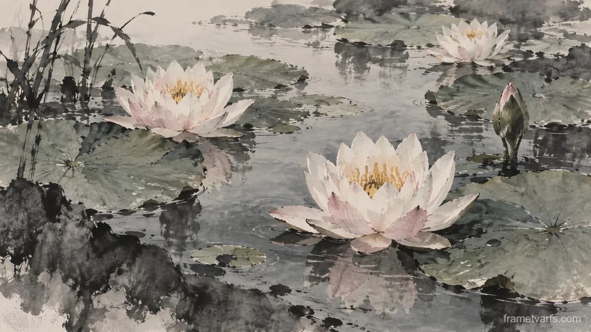 Water lilies floating among broad leaves – minimal ink and wash Samsung Frame TV art, 4K