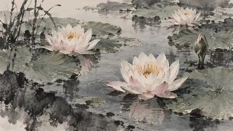Water lilies floating among broad leaves – minimal ink and wash Frame TV art