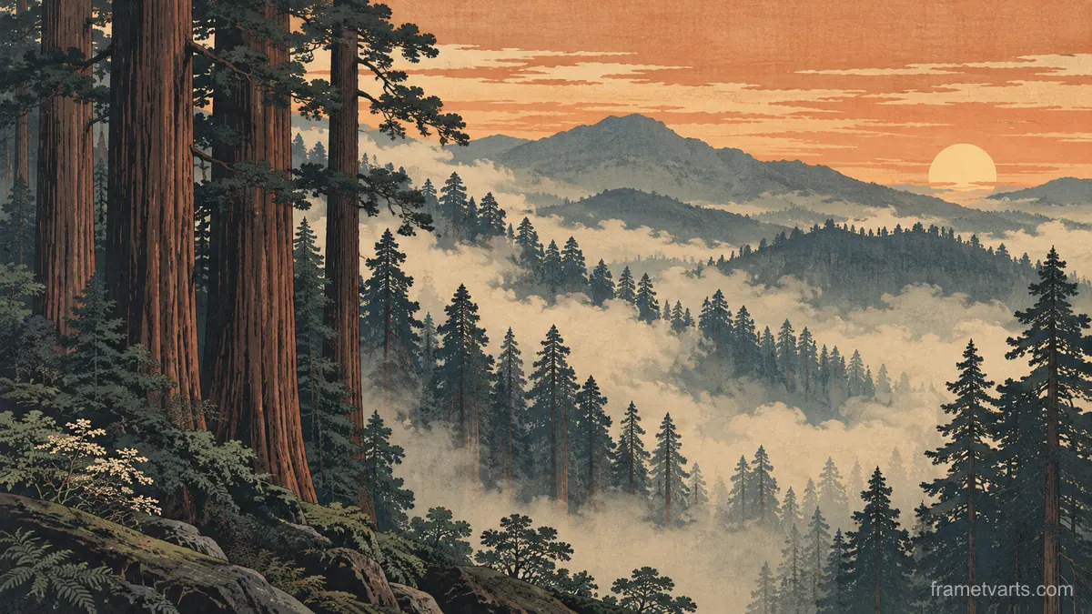 Fog rolling through redwood forest – japanese-inspired woodblock print Samsung Frame TV art, 4K