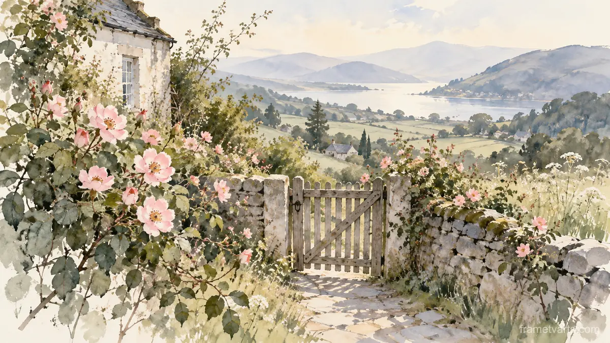 Wild roses around a cottage gate – minimal ink and wash Samsung Frame TV art, 4K