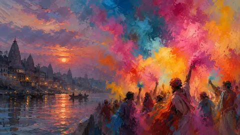 Holi abstract clouds of celebratory colored powder – traditional oil painting Frame TV art