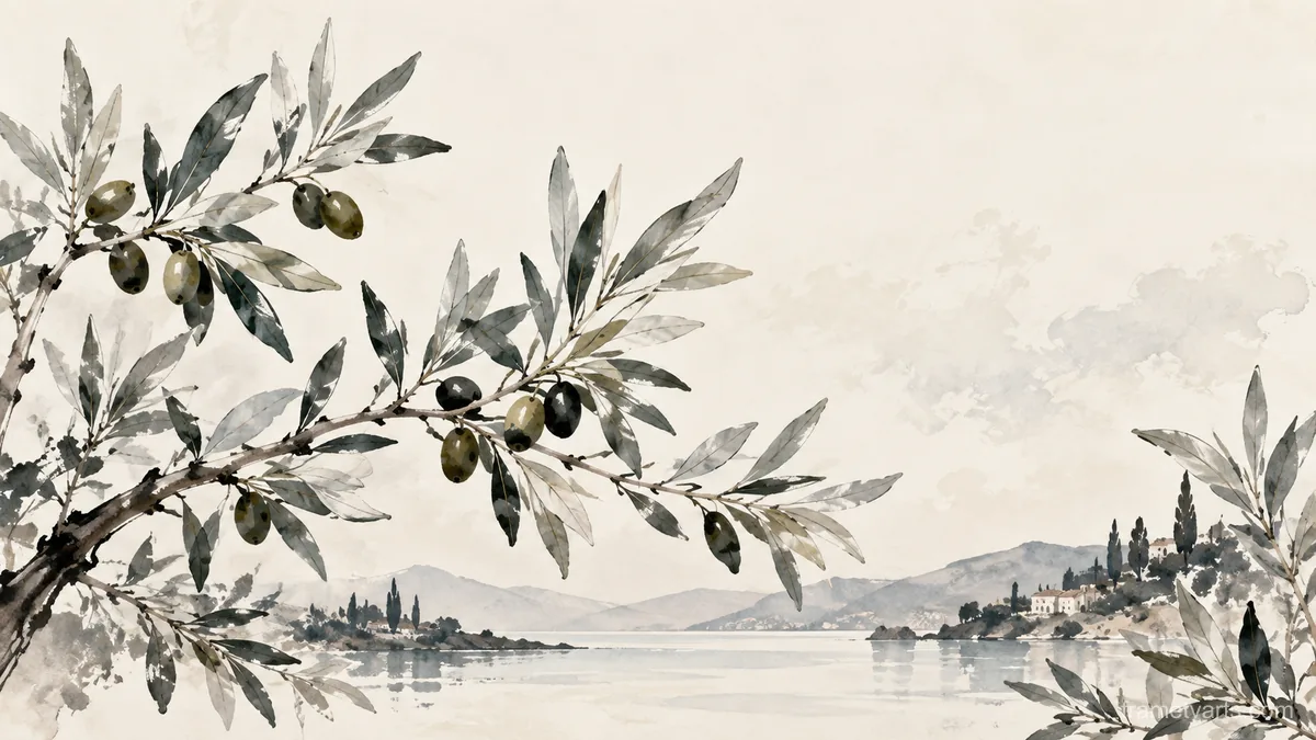 Olive branches and silver foliage – minimal ink and wash Samsung Frame TV art, 4K