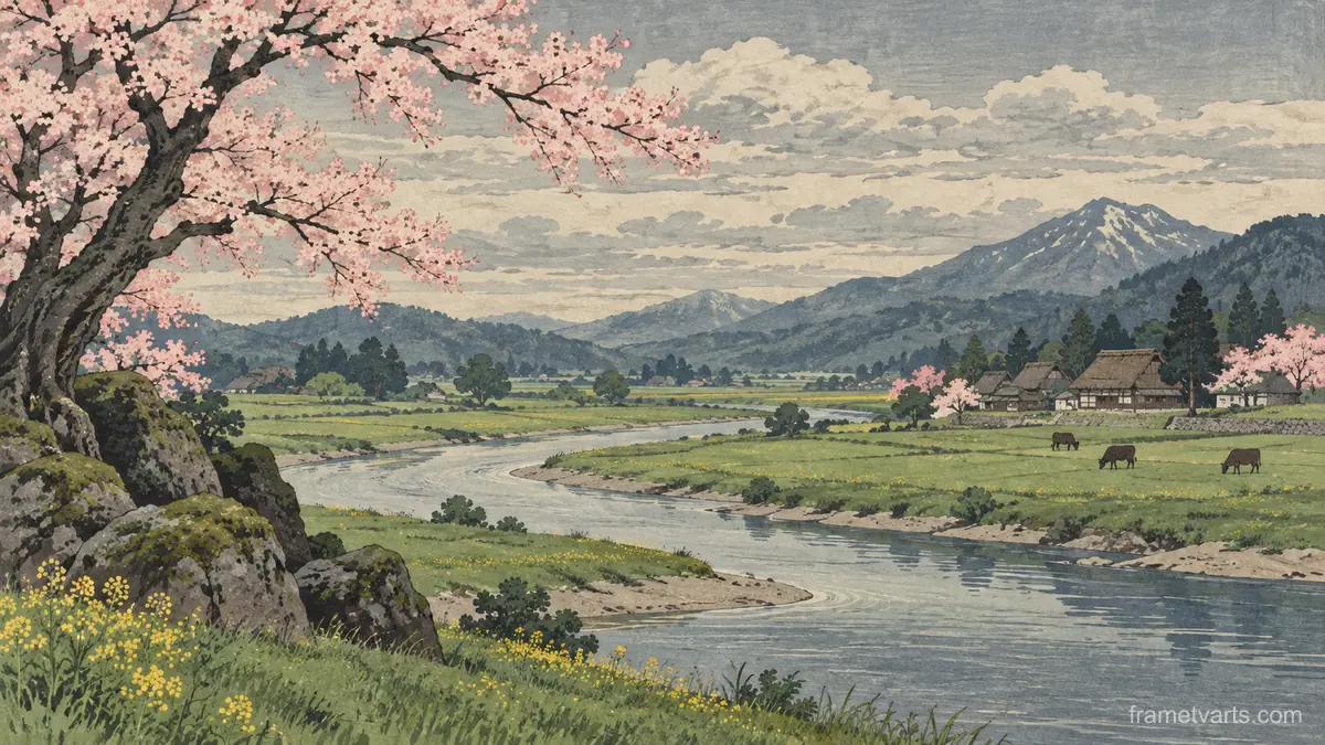 Meandering river through spring pasture – japanese-inspired woodblock print Samsung Frame TV art, 4K