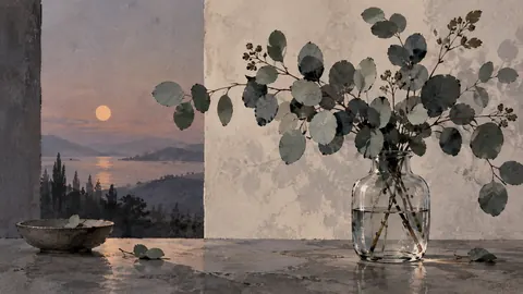 Eucalyptus sprays in a simple glass vessel – minimal ink and wash Frame TV art