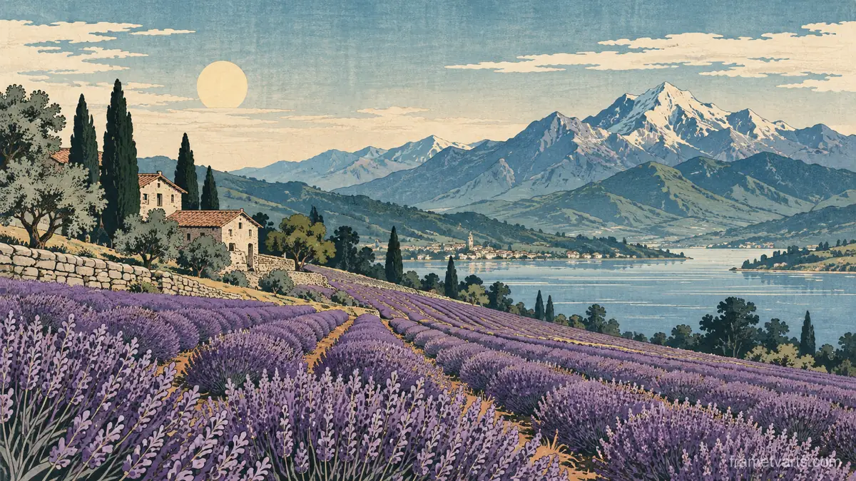 Lavender field beside distant mountains – japanese-inspired woodblock print Samsung Frame TV art, 4K