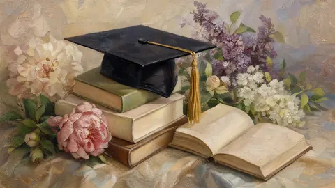 Graduation plain cap with books and flowers – traditional oil painting Frame TV art
