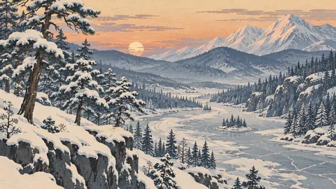 Snow-laden pine forest beside frozen creek – japanese-inspired woodblock print Frame TV art