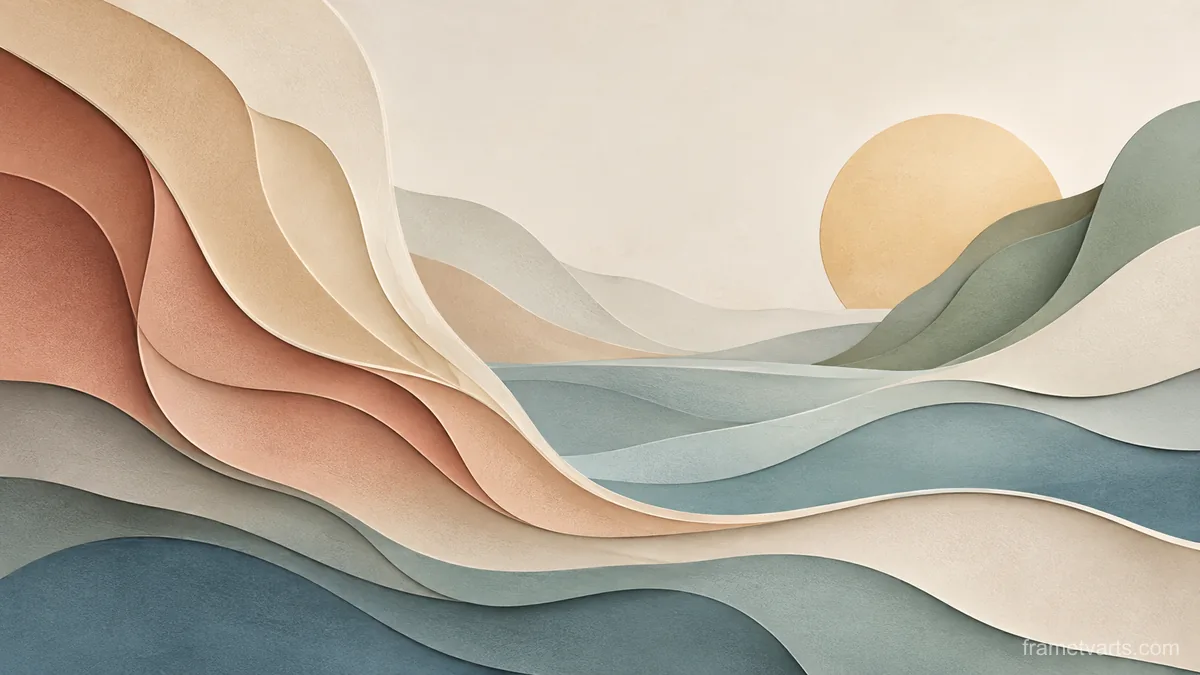 Layered paperlike curves with subtle depth – muted pastel organic abstraction Samsung Frame TV art, 4K