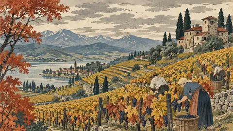 Rolling vineyard hills at harvest – japanese-inspired woodblock print Frame TV art