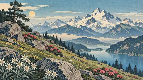 Alpine meadow with scattered boulders – japanese-inspired woodblock print Frame TV art