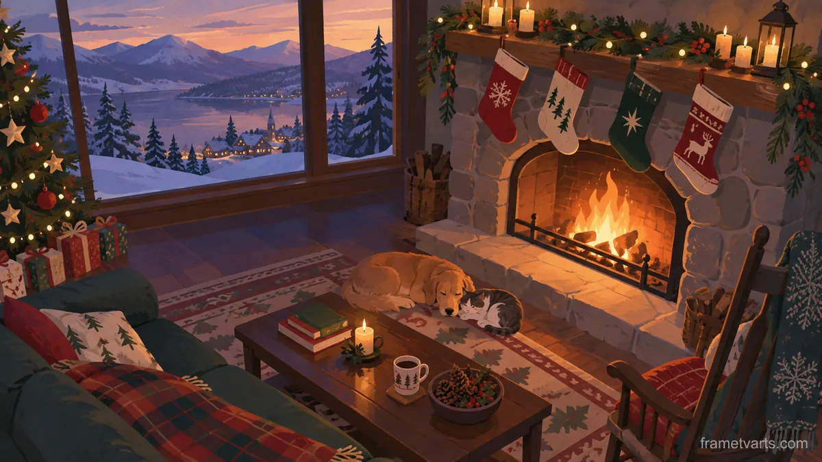 Christmas stockings above a stone hearth – minimal celebratory illustration Samsung Frame TV art, 4K