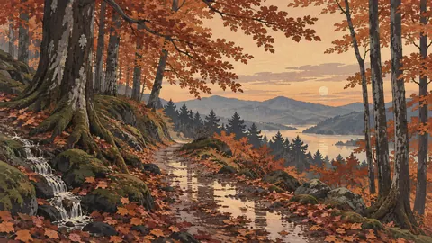 Wet woodland path among copper beeches – japanese-inspired woodblock print Frame TV art