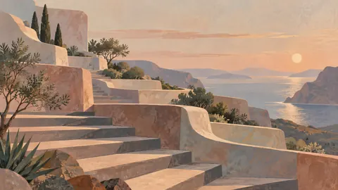 Terraced stepped forms with recessed shadows – muted pastel organic abstraction Frame TV art