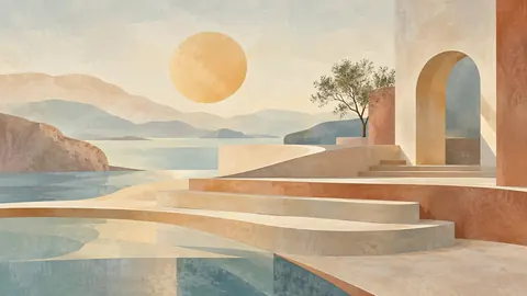 Sunlike disk above abstract architectural steps – muted pastel organic abstraction Frame TV art
