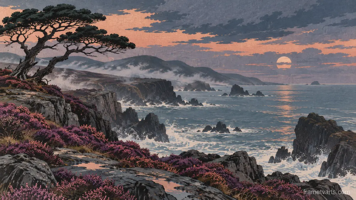 Wild coastal heath after rain – japanese-inspired woodblock print Samsung Frame TV art, 4K