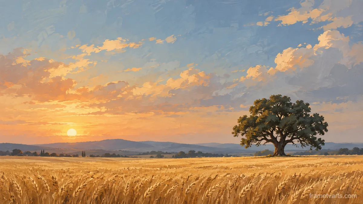 Golden wheat field and lone oak – minimalist landscape painting Samsung Frame TV art, 4K