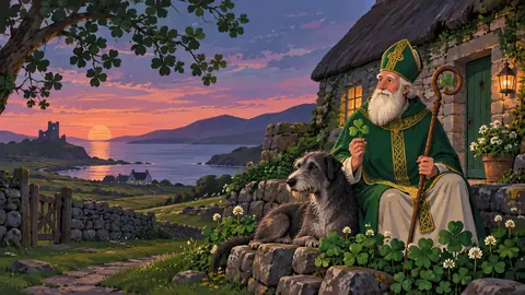 St Patrick shamrocks beside a rustic stone cottage – minimal celebratory illustration Frame TV art