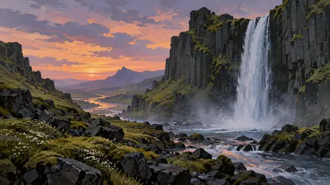 Waterfall between mossy basalt cliffs – minimalist landscape painting Frame TV art
