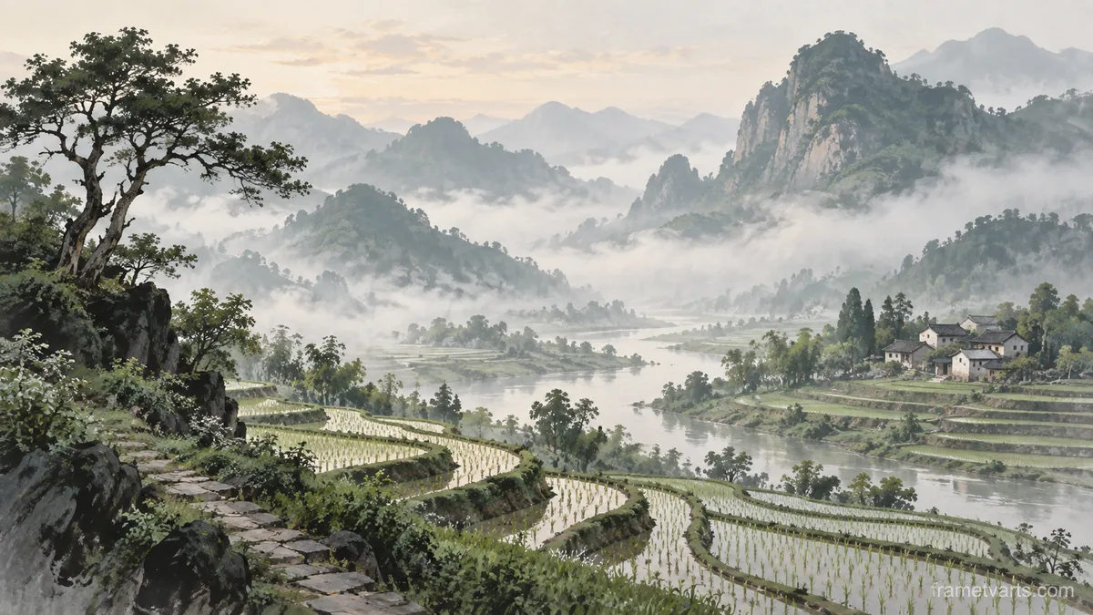 Terraced rice valley in morning mist – minimalist landscape painting Samsung Frame TV art, 4K
