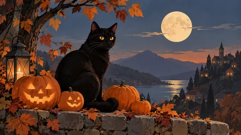Halloween black cat with pumpkins beneath moonlight – minimal celebratory illustration Frame TV art