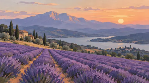 Lavender field beside distant mountains – minimalist landscape painting Frame TV art