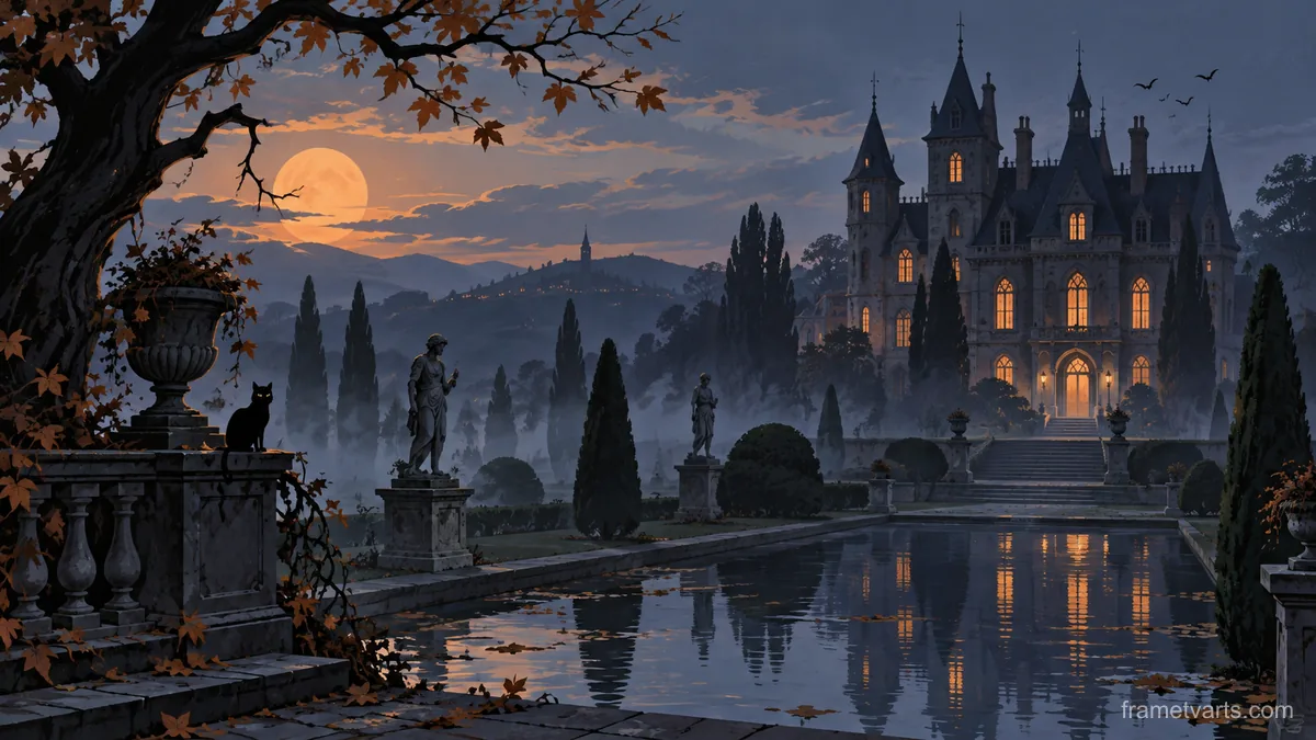 Halloween haunted manor in a misty garden – minimal celebratory illustration Samsung Frame TV art, 4K