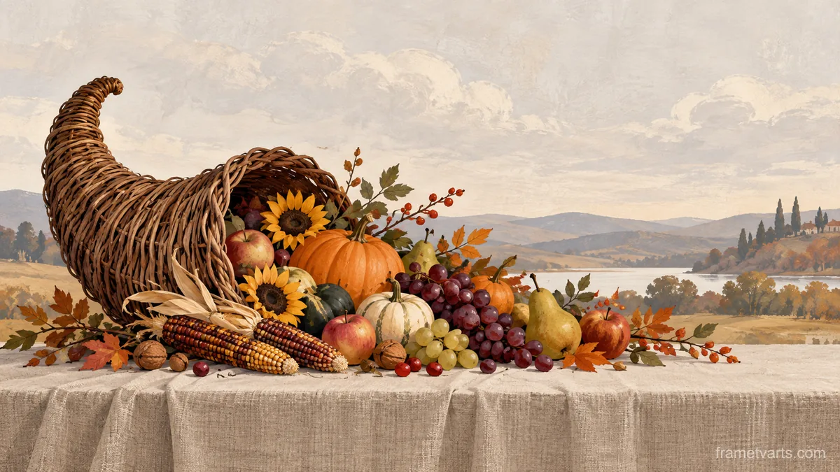 Thanksgiving harvest cornucopia on linen – minimal celebratory illustration Samsung Frame TV art, 4K