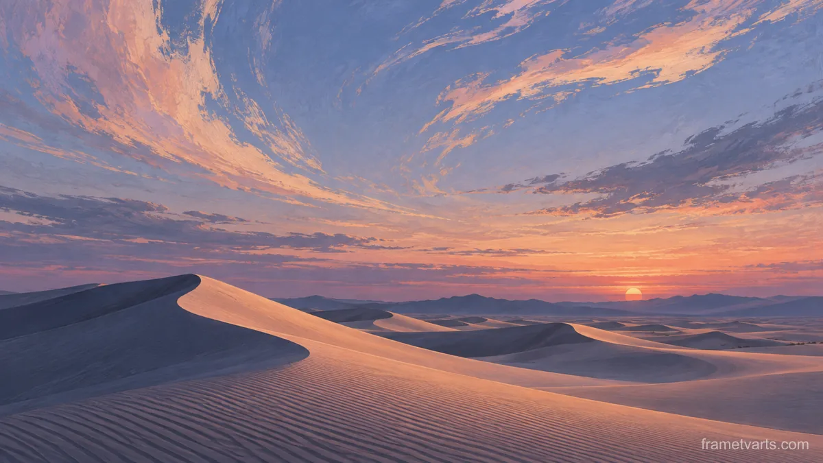 Wind-sculpted sand dunes under high clouds – minimalist landscape painting Samsung Frame TV art, 4K