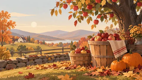 Thanksgiving orchard baskets and fallen leaves – minimal celebratory illustration Frame TV art