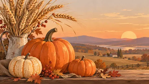 Thanksgiving pumpkin arrangement beside wheat – minimal celebratory illustration Frame TV art