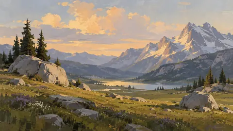 Alpine meadow with scattered boulders – minimalist landscape painting Frame TV art