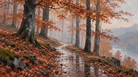Wet woodland path among copper beeches – minimalist landscape painting Frame TV art