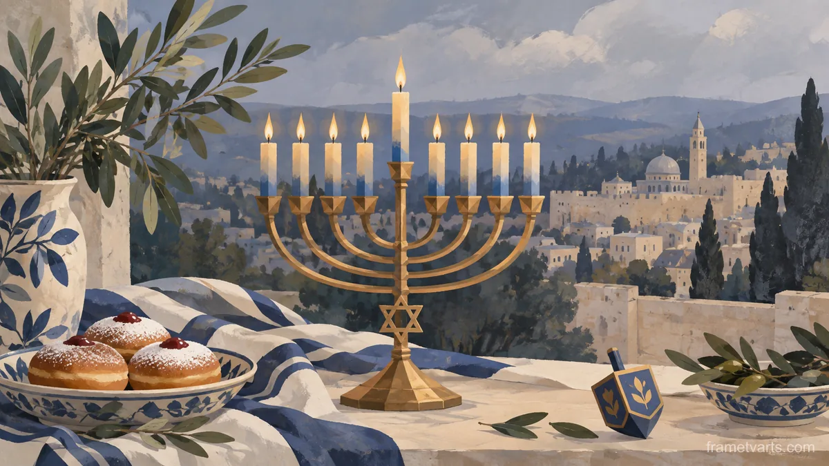 Hanukkah nine-branched hanukkiah with eight candle positions plus a distinct shamash – minimal celebratory illustration Samsung Frame TV art, 4K